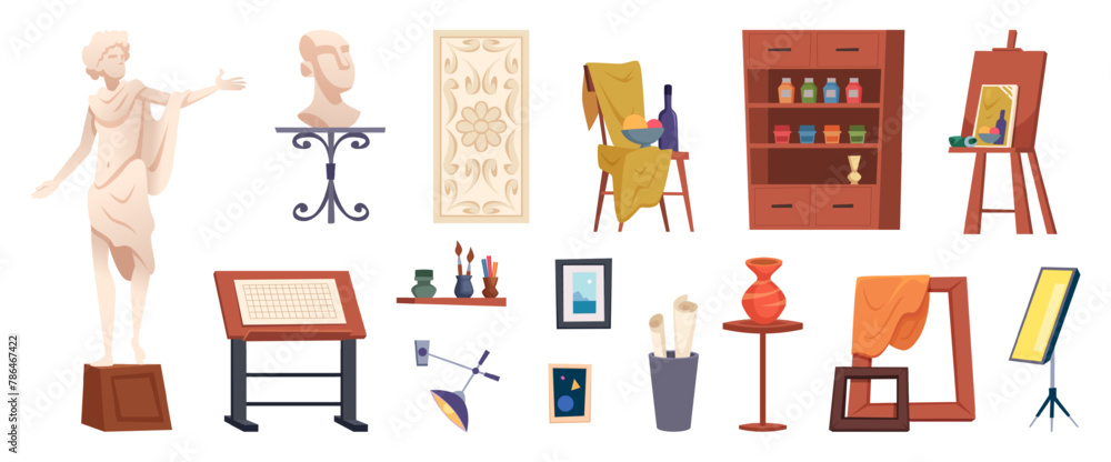 Poster art classroom. artists studio tools easel brushes canvas lamp for nature models exact vector creativ