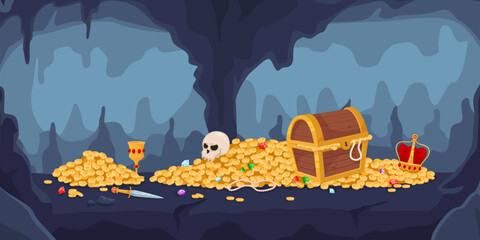 Cartoon cave with fabulous treasures. Wooden chest full of gold coins and gemstones. Jewelry cups and crowns. Human skull. Stone grotto. Golden wealth in cavern. Recent vector concept