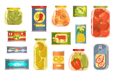 Cans with preserved food. Conserved products. Fruit compotes and jams. Marinated vegetables in glass jars. Canned meat and fish. Homemade pickles. Long term storage. Splendid vector set