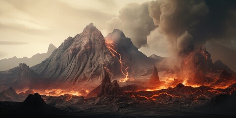 Fototapeta premium Volcano eruption apocalyptic disaster scene