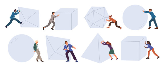 Business people pushing geometric shapes. Office staff move large plaster figures. Businessman pulling heavy form. Persons striving for success. Overcome challenge. Garish vector set