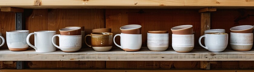 Fototapeta na wymiar Array of ceramic mugs, each a blank canvas for branding, arranged neatly on a wooden shelf, elegant for visual merchandising