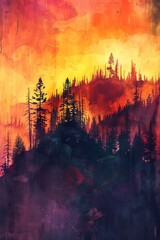 Fototapeta premium Sunset over forest painting