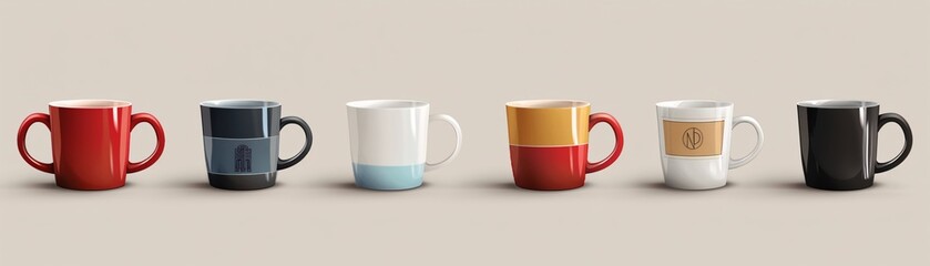 Series of vector mug mockups on a minimal background, each displaying a different artistic design, ideal for showcasing and promotions