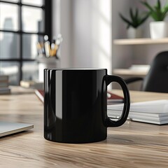 Professional coffee mug displayed in a creative office setting, Photoshop mockup ready, perfect for online shop marketing