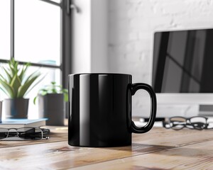 Marketing mockup of a professional coffee mug, styled with office supplies and digital devices, high-detail for e-commerce