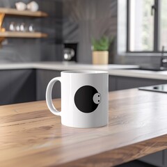 Contemporary mug with sleek company branding, displayed on a modern kitchen counter, ideal for corporate kitchenware