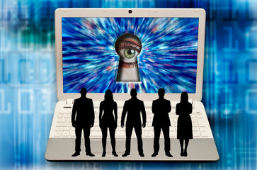 people and laptop wioth an eye spying from a keyhole