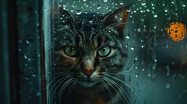 Moody image of a cat’s face pressed against a rainy glass, reflecting its solitude, with a plain background. 