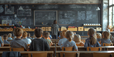 Kinder in der Schule mit einem Lehrer im Unterricht an der Tafel in Rückenansicht, ai generativ