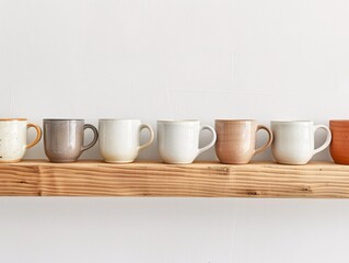 Fototapeta na wymiar Minimalist design mugs lined up on a wooden shelf, tailored for café use and custom business gifts, neutral background