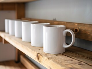 Obraz na płótnie Canvas Minimalist design mugs lined up on a wooden shelf, tailored for café use and custom business gifts, neutral background