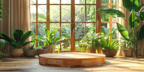 A round wooden podium on  a view of a tropical forest. empty wood podium in room, banner for product display , Nature wood podium 