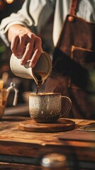 Barista pouring coffee into a beautifully designed pottery mug, surrounded by cafe ambiance, perfect for advertising mockups