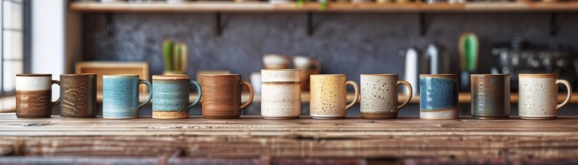 Obraz na płótnie Canvas Series of unique pottery mugs lined up, each a piece of art, showcased in a professional barista environment for ad mockups