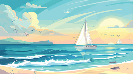 Beach landscape vector illustration. Cartoon seascape - obrazy, fototapety, plakaty