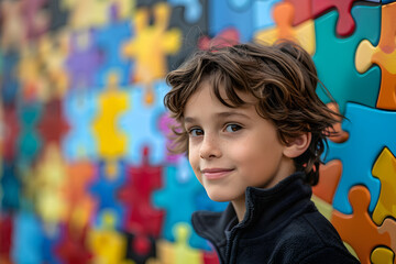 Boy with colored puzzle background celebrating World Autism Awareness Day, with copy space for text. Suitable for educational and awareness campaign usage.