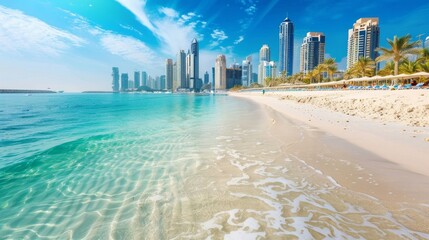 Dubai jumeirah beach with marina skyscrapers in UAE. Popular public JBR beach - obrazy, fototapety, plakaty