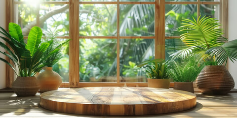 A round wooden podium on  a view of a tropical forest. empty wood podium in room, banner for product display , Nature wood podium 