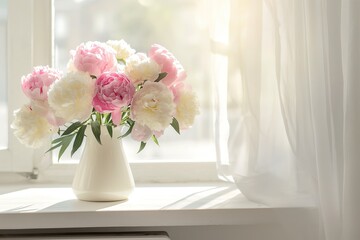 White vase filled with pink and white peonies flowers on a windowsill.
