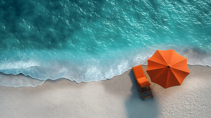 Fototapeta premium Tranquil Beach Scene with Orange Sun Lounger and Umbrella