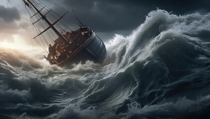 Vessel amidst turbulent ocean waves in a storm. - obrazy, fototapety, plakaty