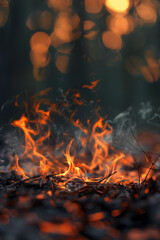 Fototapeta na wymiar Enchanting Forest Blaze at Dusk - A Mesmerizing Fiery Display Among Trees