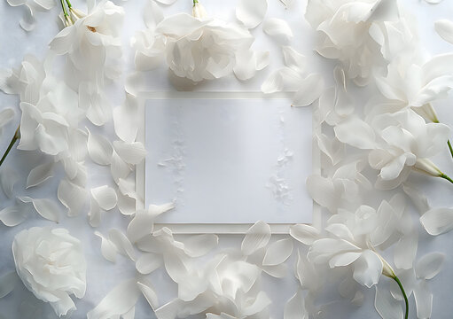 Serene White Peony Petals and Blank Frame Mockup