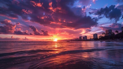 Gorgeous Sunset from Ala Moana Beach in Honolulu, Oahu, Hawaii - obrazy, fototapety, plakaty
