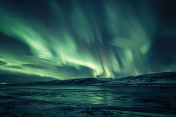 Naklejka premium A green and purple aurora borealis lights up the sky over a tranquil body of water.
