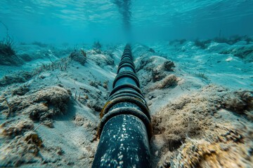 A pipe lies on top of the sandy ocean floor, partially buried in the sand.