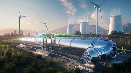 Green Hydrogen renewable energy production pipeline. Green hydrogen gas for clean electricity solar and wind turbine facility. copy space for text.