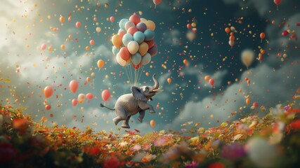 Lustiger Elefant mit bunten Luftballons fliegt in der Luft als Geburtstagskarte und Druckvorlage, ai generativ - obrazy, fototapety, plakaty