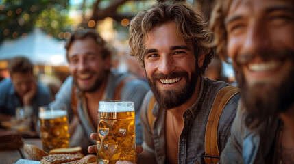 Smiling Friends Enjoying a Round of Beers at an Outdoor Gathering - obrazy, fototapety, plakaty