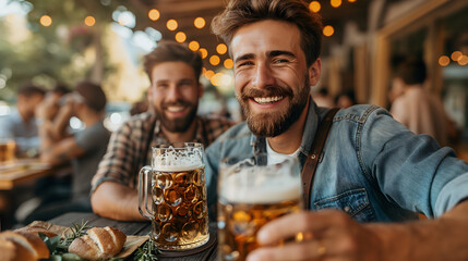 Smiling Friends Enjoying a Round of Beers at an Outdoor Gathering