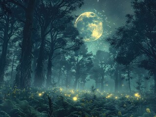 An enchanting forest glade bathed in the soft light of the moon, with ancient trees towering overhead and fireflies dancing among the ferns woodland magic The ethereal glow of moonlight illuminates - obrazy, fototapety, plakaty
