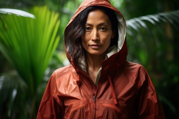 Portrait of a merry asian woman in her 40s wearing a windproof softshell in lush tropical rainforest