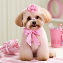A cute puppy with a pink bow on its head and a pink bow around its neck is sitting on a grooming table.