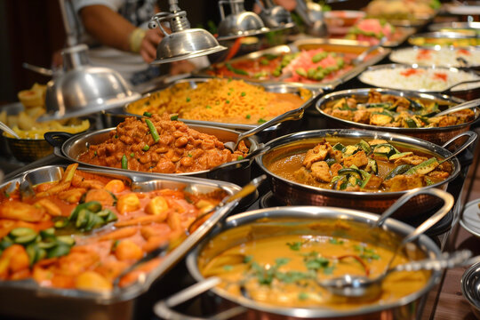 A buffet of food with a variety of dishes including curry, rice, and vegetables. Scene is inviting and delicious