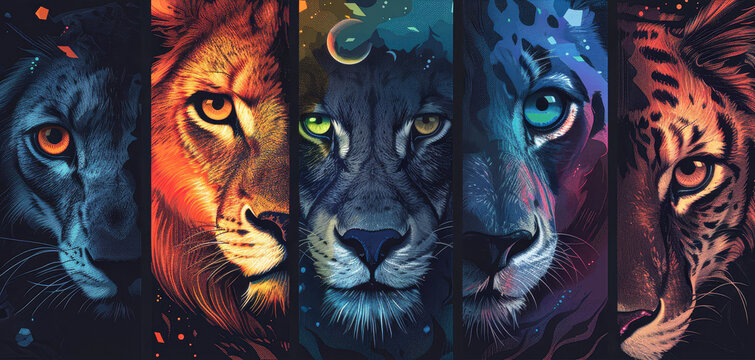 A series of colorful animal faces, including a lion, tiger, and leopard. The faces are all different colors and sizes, and they are arranged in a row. Concept of diversity and individuality