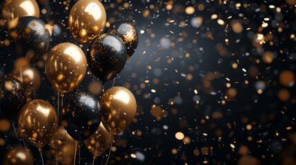 A bunch of gold and black balloons are falling from the sky. The balloons are scattered all over the ground, creating a festive and celebratory atmosphere