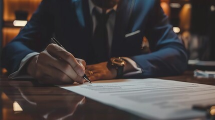 Hand businessman signing contract. Asia businessman check the correctness of work at the office with a beautiful pen. Hands working with documents at desk and signing contract. - Powered by Adobe