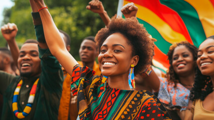 Festival of African Americans celebrating Juneteenth, fists raised high, with a backdrop of the Pan-African flag