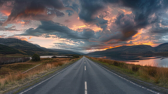 A long road with a beautiful sunset in the background. The sky is cloudy and the sun is setting