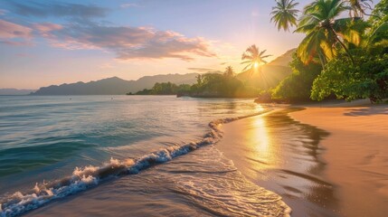 Landscape of paradise tropical island beach, sunrise shot  - obrazy, fototapety, plakaty