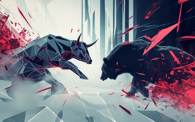 Sleek bull clashes with shadowy bear in market meltdown.