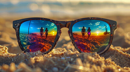 A pair of sunglasses with a reflection of a couple walking on the beach. Scene is romantic and peaceful - Powered by Adobe