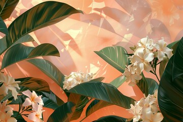 Serene Tropical Flowers and Lush Greenery on a Warm Digital Backdrop