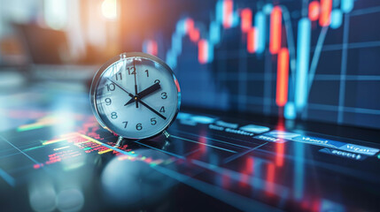 A clock sits on a table next to a graph. The clock is set to the time of 10:30