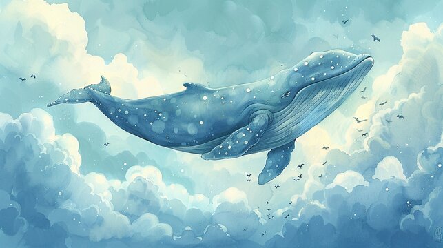 A whale in polkadotted pajamas, midjump above a sea of clouds, radiating happiness and playfulness, executed in a handdrawn watercolor technique